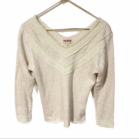 Anthropologie Pepin Cream Neon Trimmed V Neck Long Sleeve Sweatshirt Medium - Picture 5 of 5